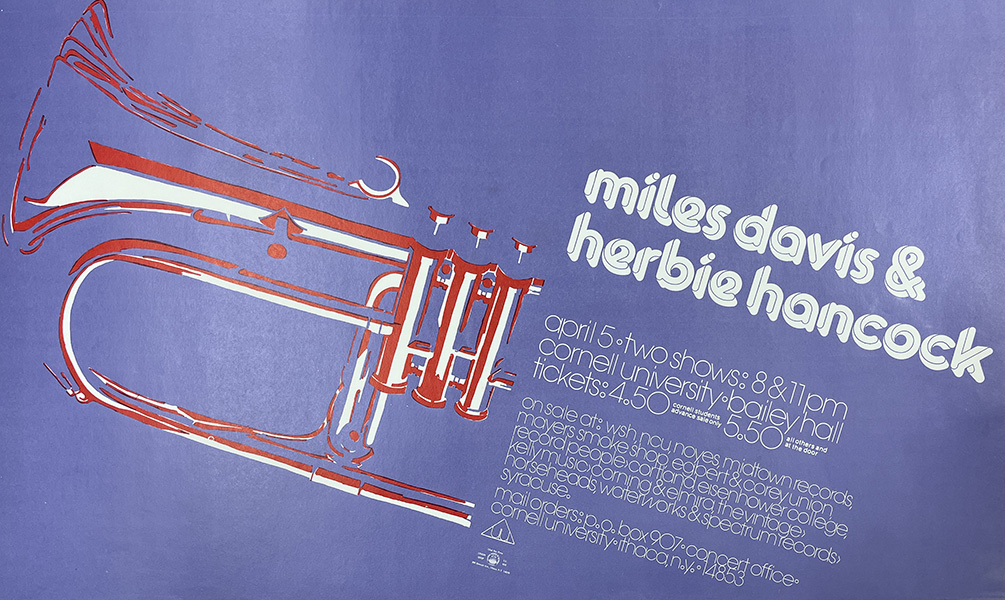 1975-04-05 Miles Davis-Herbie Hancock concert poster found in Cornell's rare and manuscript collection, Kroch Library at Cornell